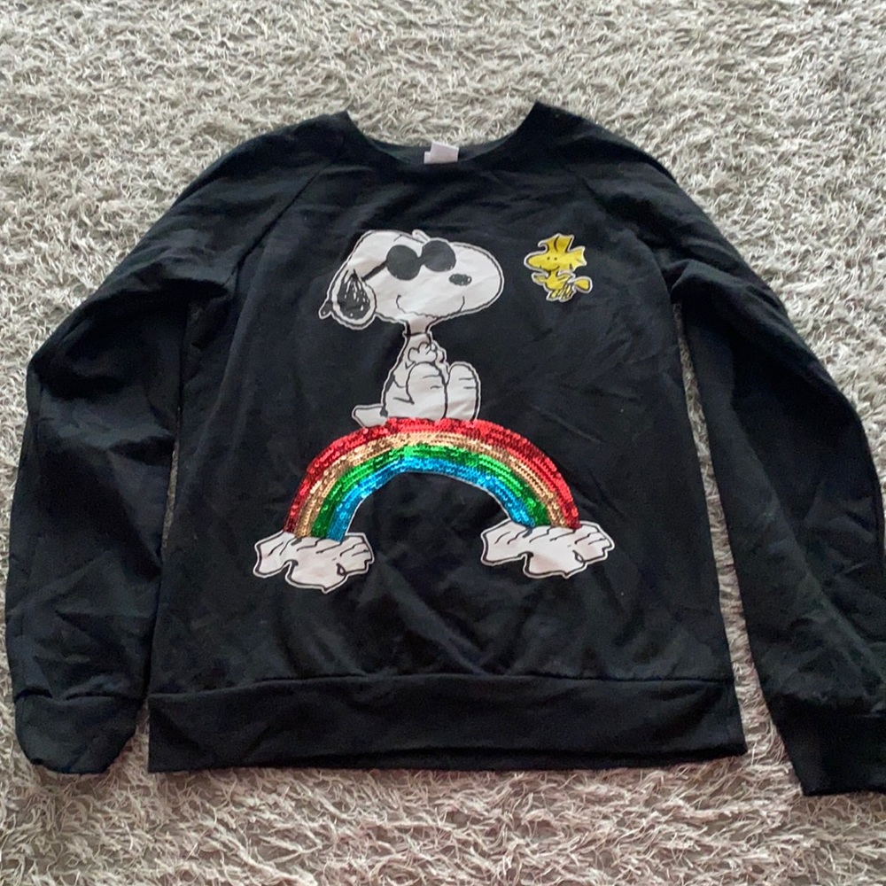 Peanuts Snoopy and Woodstock black Sequin rainbow graphic Sweatshirt - Picture 2 of 11